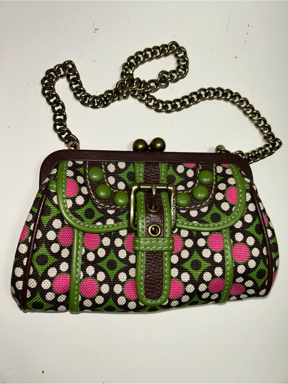 Isabella Fiore Brown Green Canvas Brown Leather Kisslock Chain Shoulder Bag